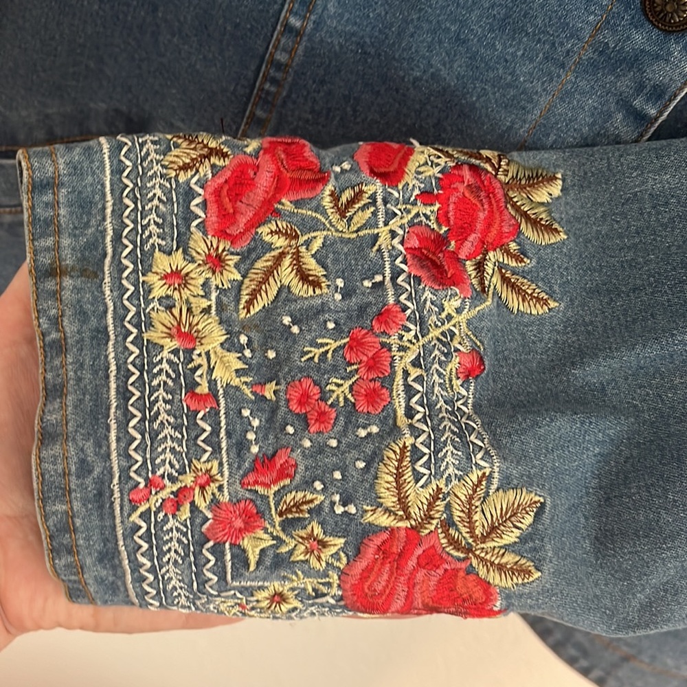 Vintage Denim Outfit Medium Embroidered Blue Jean Floral Rose Flowers 90s Y2K - Picture 7 of 15